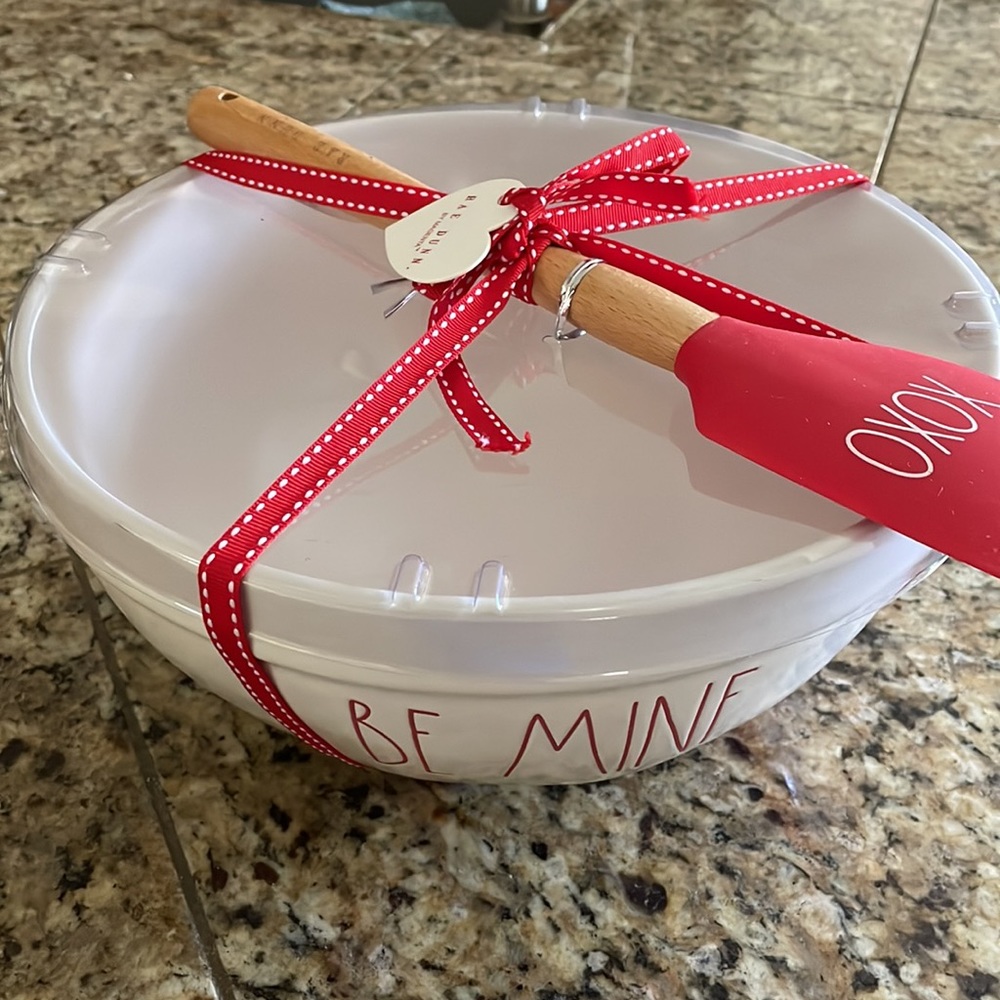 Rae Dunn White Ceramic Mixing Bowl Be Mine with XOXO Spatula.